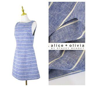 Alice + Olivia Womens Blue Cream Striped Linen Sleeveless A-line Dress 10